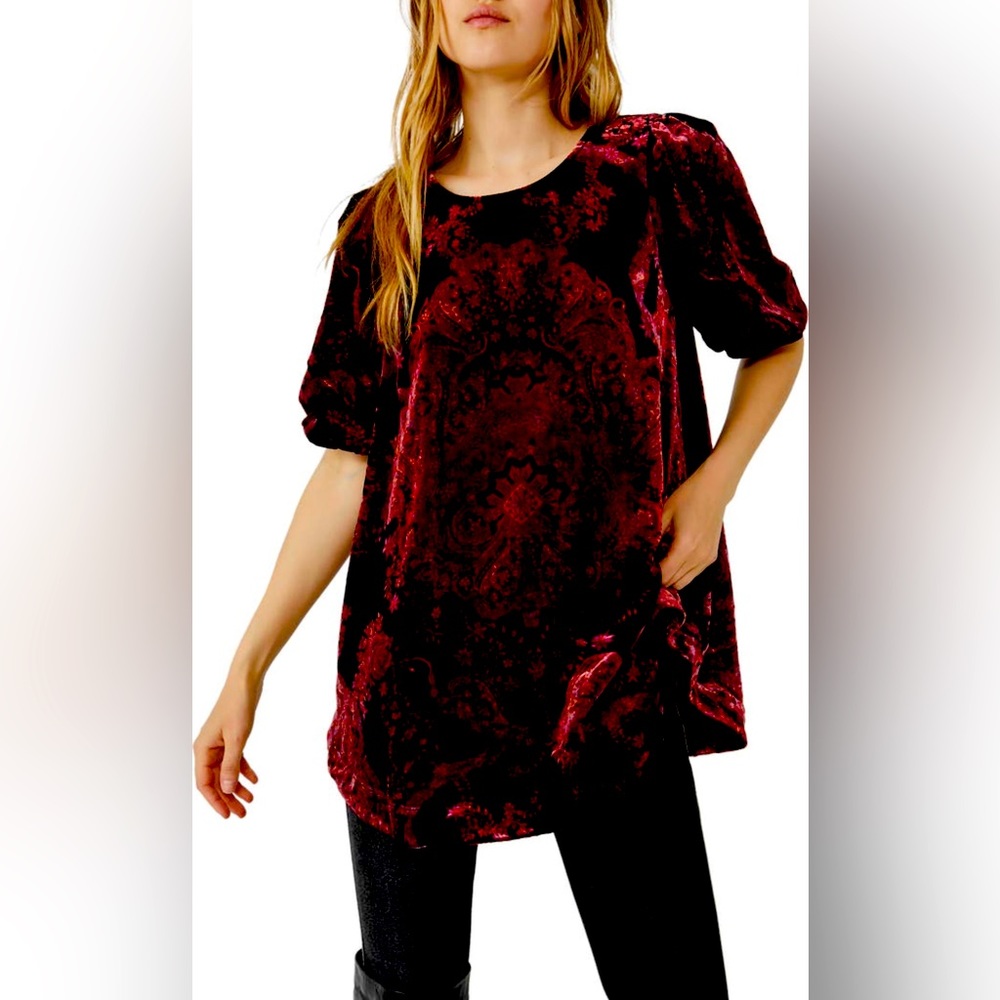 Free People Maye Print Velvet Puff Sleeve Tunic Top